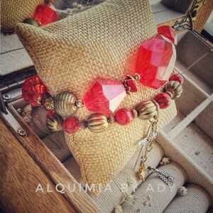 Heirloom MAGDALENA + Vibrant Red Crystal red turquoise and bronze Bracelet duo